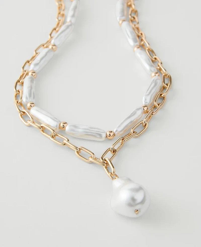 Ann Taylor Layered Pearl Chain Necklace Goldtone Women's