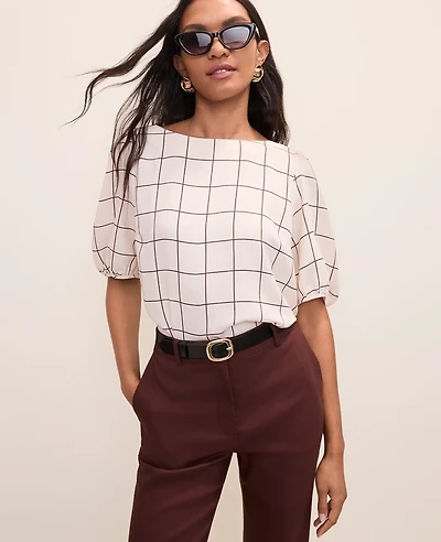 Ann Taylor Windowpane Boatneck Popover Top Rich Walnut Women's