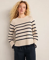 Ann Taylor Haven Well Within Organic Cotton Linen Stripe Crewneck Nightfall Blue Women's