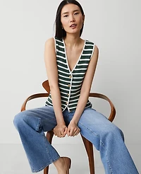 Ann Taylor Striped Ribbed Sweater Vest Size Small Green/White Stripe Women's
