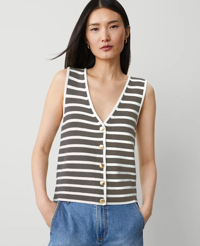 Ann Taylor Striped Ribbed Sweater Vest Size Small Green/White Stripe Women's