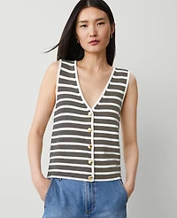 Ann Taylor Striped Ribbed Sweater Vest Size Small Green/White Stripe Women's