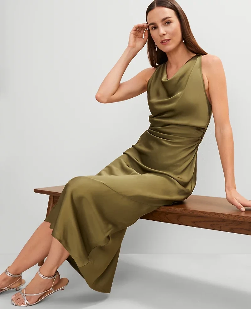 Ann Taylor Halter Bias Satin Maxi Dress Moss Green Women's