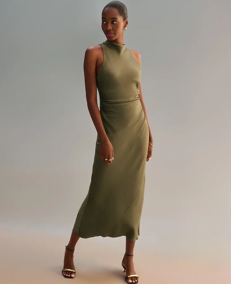 Ann Taylor Halter Bias Satin Maxi Dress Moss Green Women's