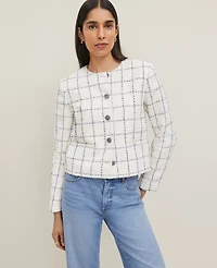 Ann Taylor Tweed Crew Neck Jacket Size 14 Blue Glint Neutral Women's