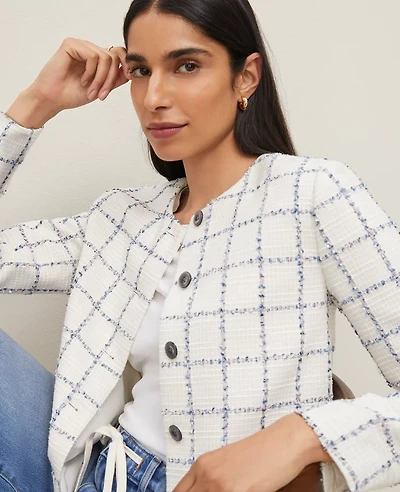 Ann Taylor Tweed Crew Neck Jacket Size 0 Blue Glint Neutral Women's