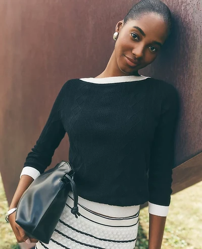 Ann Taylor Contrast Mixed Stitch Sweater Black/White Combo Women's