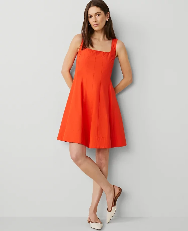 Ann Taylor Petite Square Neck Seamed Flare Dress Deep Flame Orange Women's