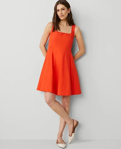 Ann Taylor Petite Square Neck Seamed Flare Dress Deep Flame Orange Women's