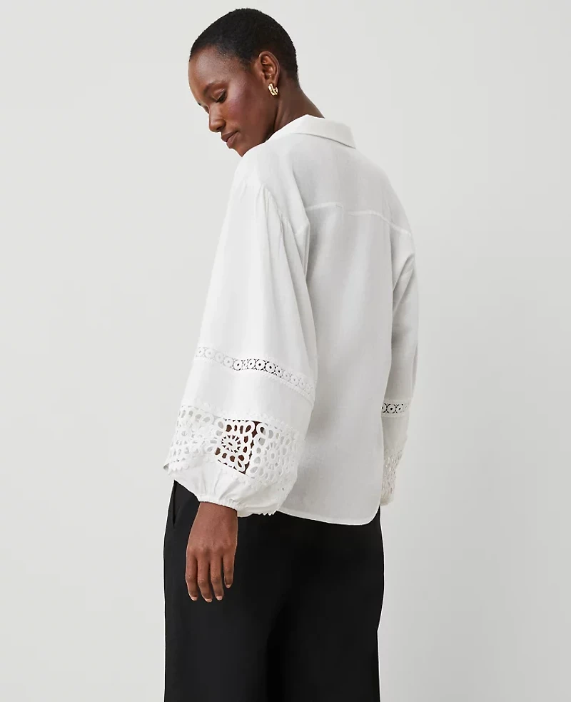 Ann Taylor Embroidered Linen Blend Puff Sleeve Blouse Size Small White Women's
