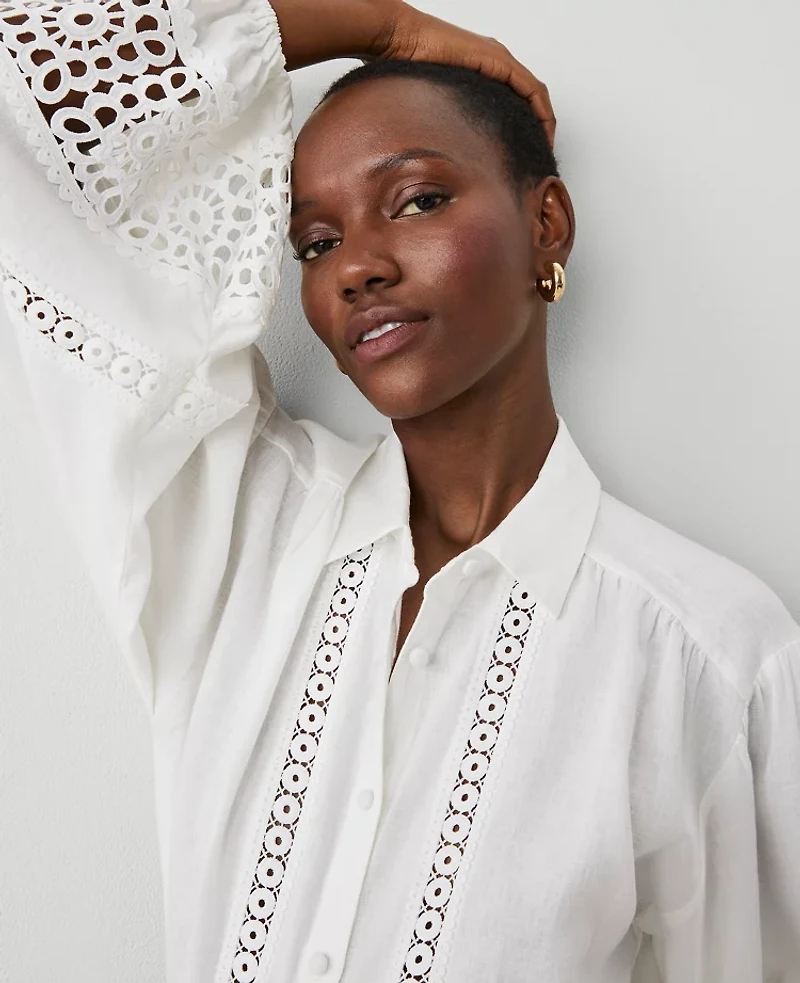 Ann Taylor Embroidered Linen Blend Puff Sleeve Blouse Size Small White Women's