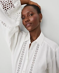 Ann Taylor Embroidered Linen Blend Puff Sleeve Blouse Size Small White Women's