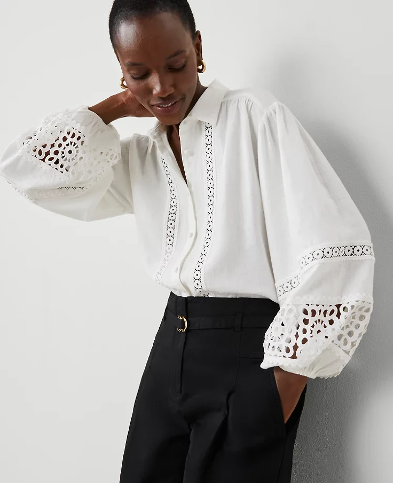 Ann Taylor Embroidered Linen Blend Puff Sleeve Blouse Size Small White Women's