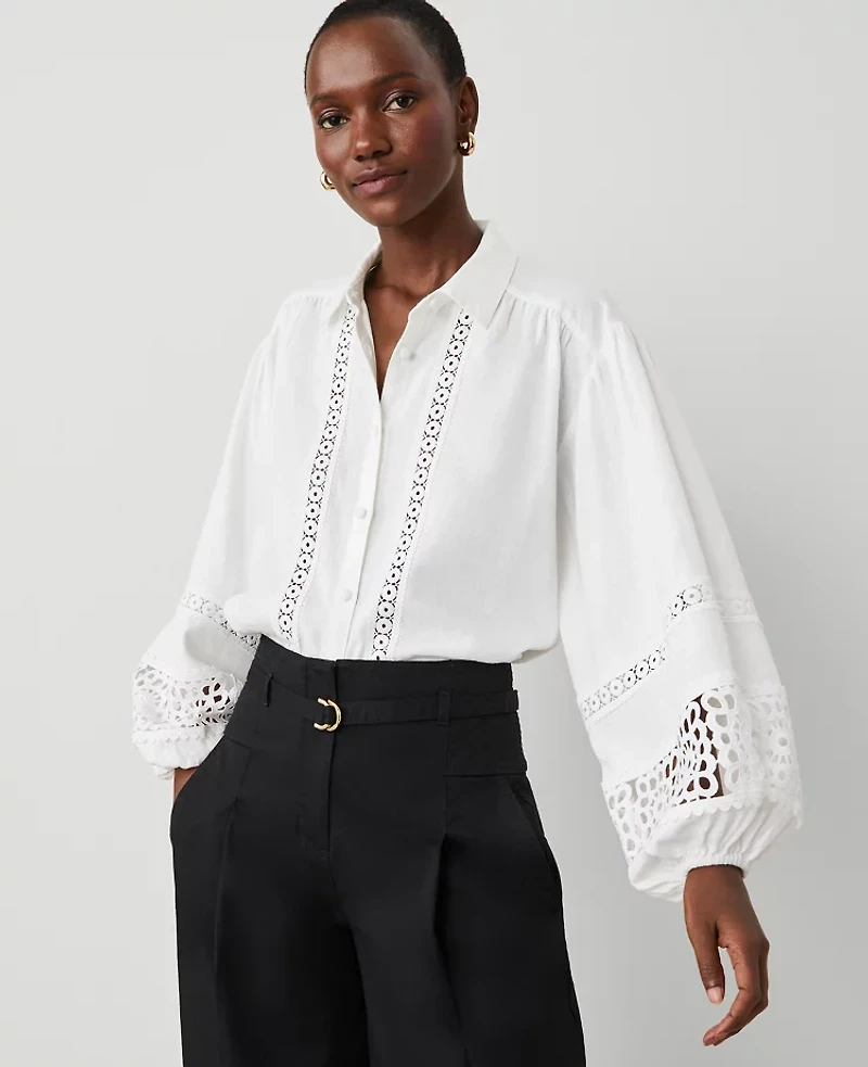 Ann Taylor Embroidered Linen Blend Puff Sleeve Blouse Size Small White Women's