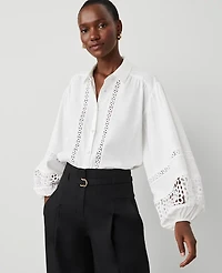 Ann Taylor Embroidered Linen Blend Puff Sleeve Blouse Size Small White Women's