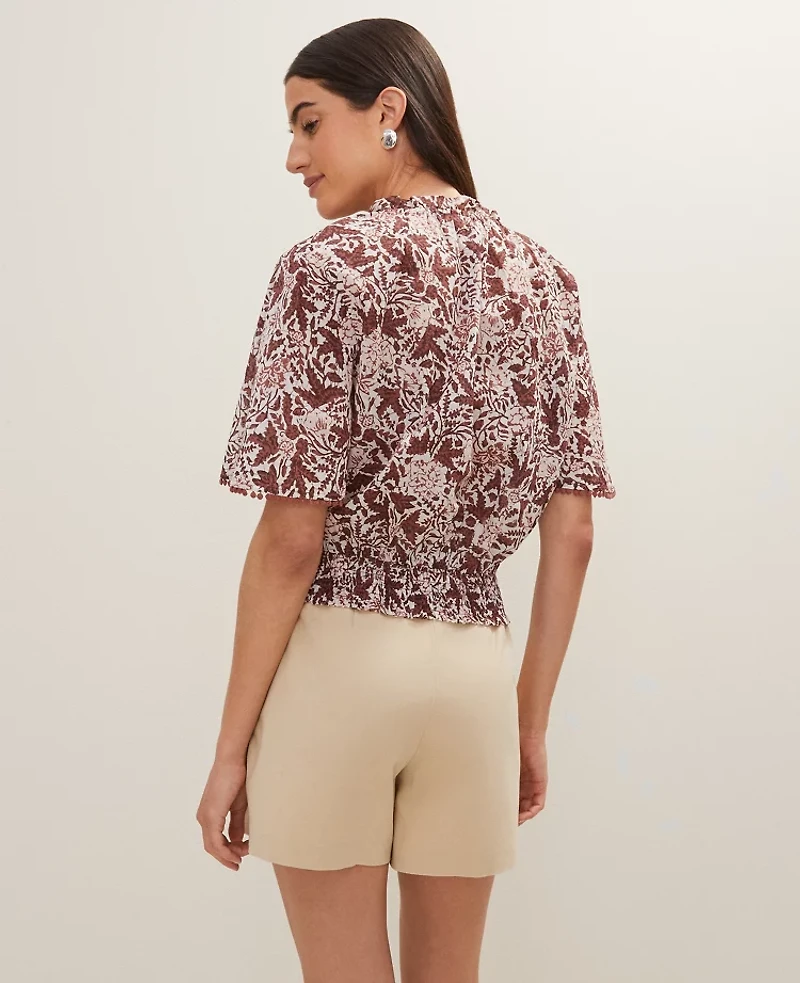 Ann Taylor Weekend Collection Floral Tie Neck Blouse Apple Butter Women's