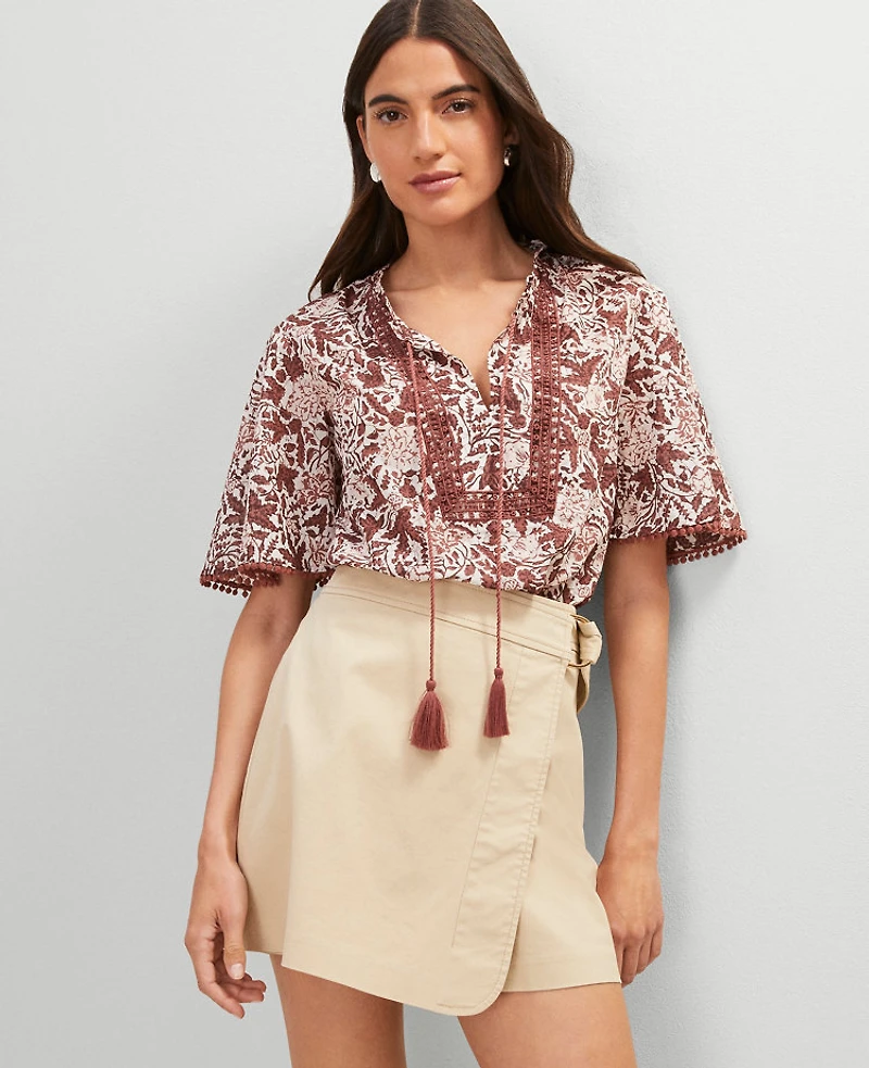 Ann Taylor Weekend Collection Floral Tie Neck Blouse Apple Butter Women's