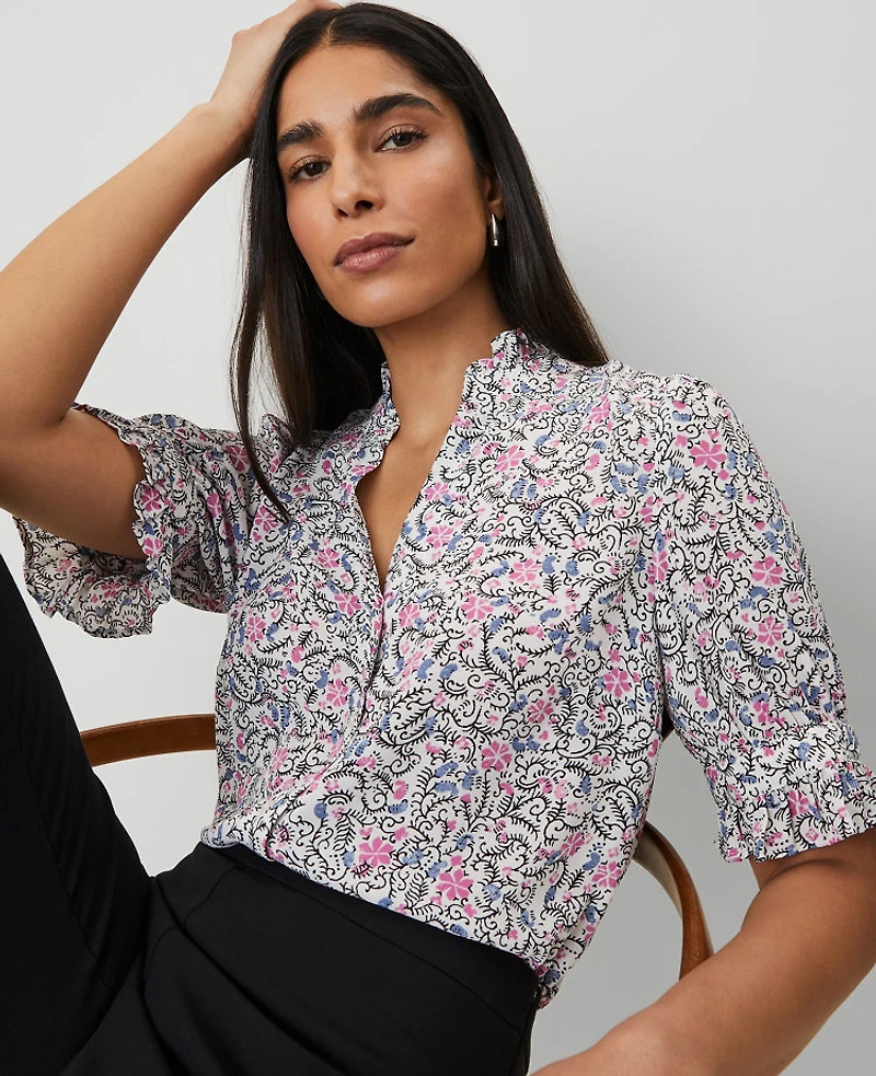 Ann Taylor Floral Ruffle Collar Blouse Size Medium Orchid Glow Women's