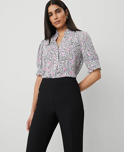 Ann Taylor Floral Ruffle Collar Blouse Size Medium Orchid Glow Women's