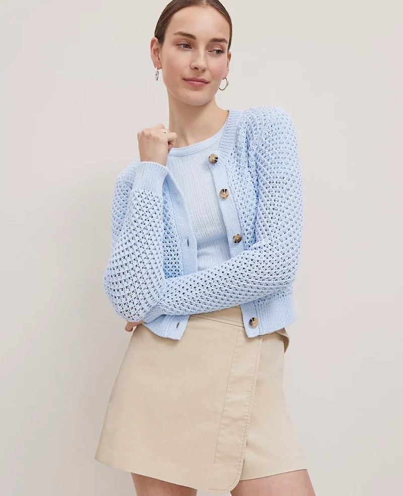 Ann Taylor Weekend Collection Open Stitch Scalloped Cardigan Size XL Zephyr Blue Women's