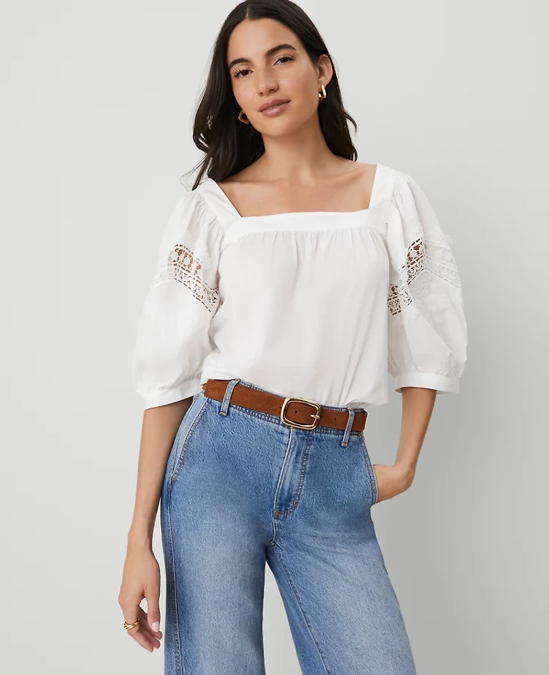 Ann Taylor Eyelet Puff Sleeve Blouse White Women's