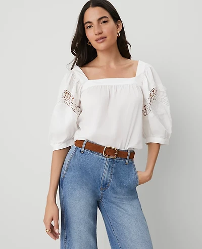 Ann Taylor Eyelet Puff Sleeve Blouse White Women's