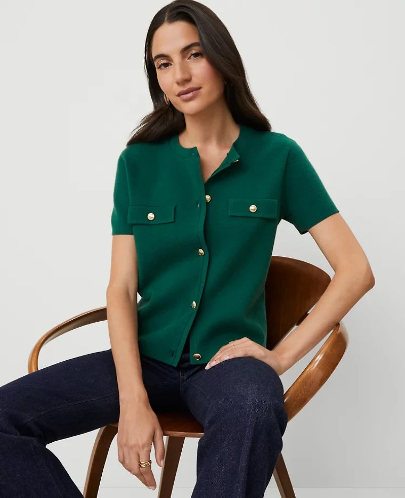 Ann Taylor Metallic Button Short-Sleeve Cardigan Size Large Fresh Evergreen Women's