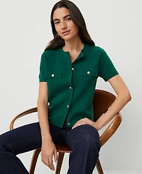 Ann Taylor Metallic Button Short-Sleeve Cardigan Size Large Fresh Evergreen Women's