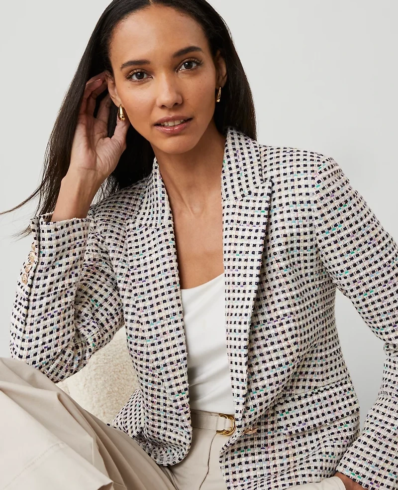 Ann Taylor Tweed Fitted Blazer Size 4 Ivory/Navy Multi Women's