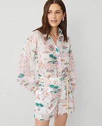 Ann Taylor Map Print Blouson Sleeve Blouse Burnt Mauve Women's
