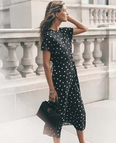 Ann Taylor Petite Dotted Crepe Column Midi Dress Size 00 Black Women's