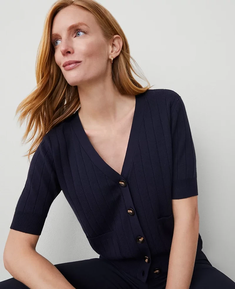 Ann Taylor Ribbed Short-Sleeve Pocket Cardigan Size XL Night Sky Women's