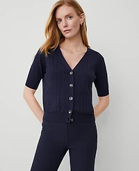 Ann Taylor Ribbed Short-Sleeve Pocket Cardigan Size XL Night Sky Women's