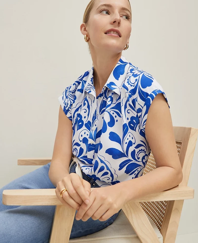 Ann Taylor Tiled Split Neck Popover Top Size XL Power Blue Women's