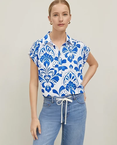 Ann Taylor Tiled Split Neck Popover Top Size Small Power Blue Women's