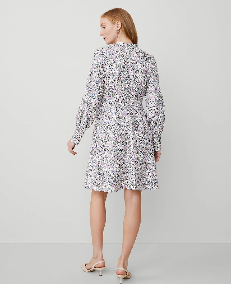 Ann Taylor Floral Puff Sleeve Flare Dress Size 0 Orchid Glow Women's