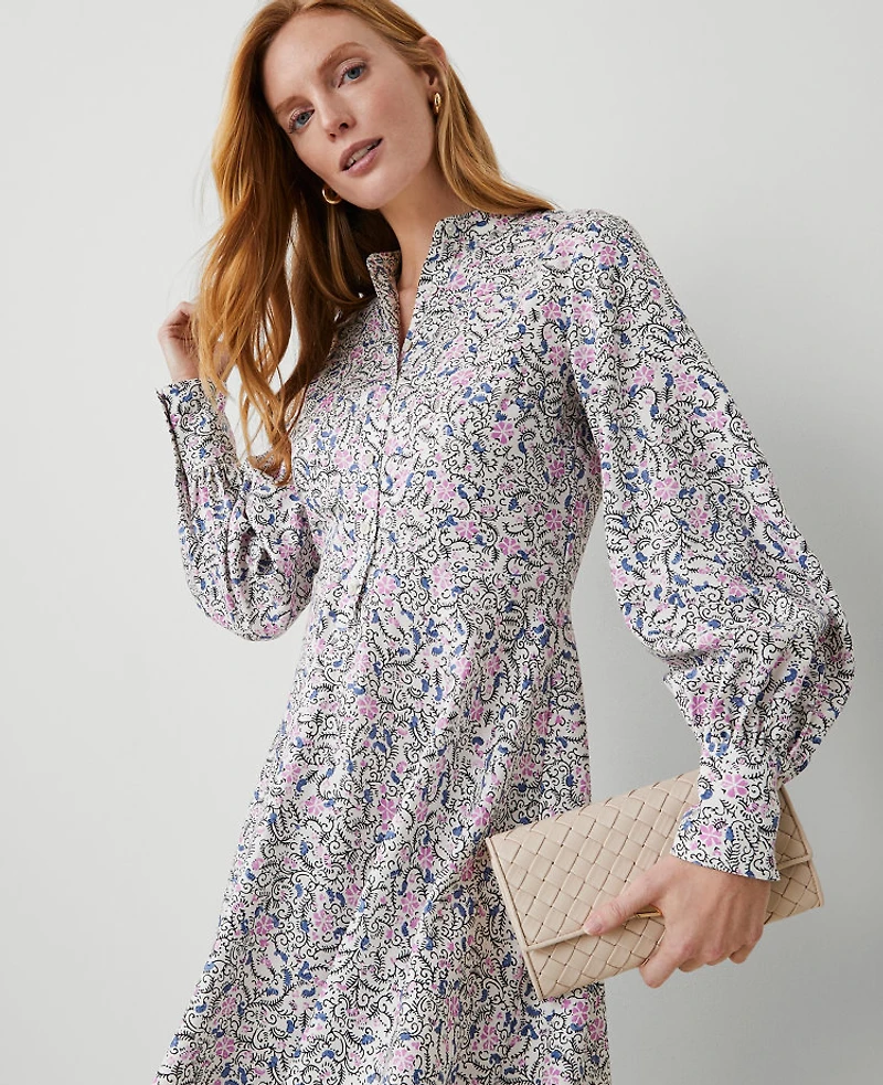 Ann Taylor Floral Puff Sleeve Flare Dress Size 0 Orchid Glow Women's