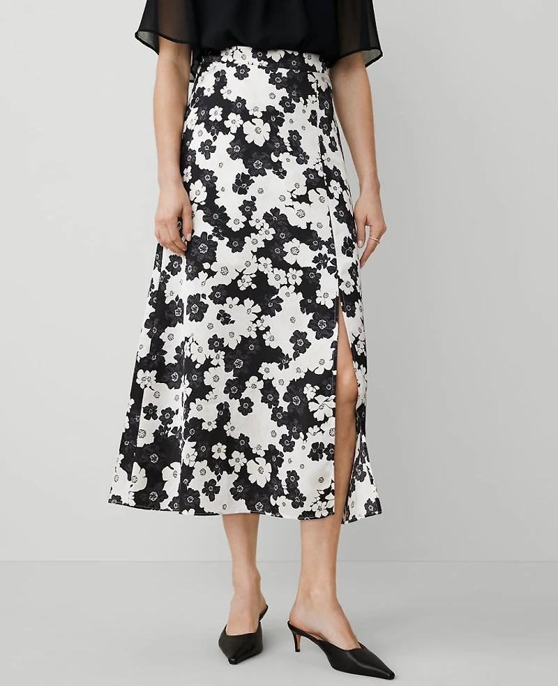 Ann Taylor Petite Floral Satin Maxi Skirt Size 0 Black Women's