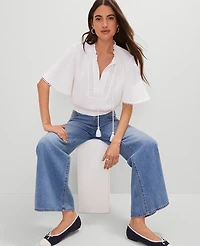 Ann Taylor Weekend Collection Linen Blend Tie Neck Blouse Size Medium White Women's