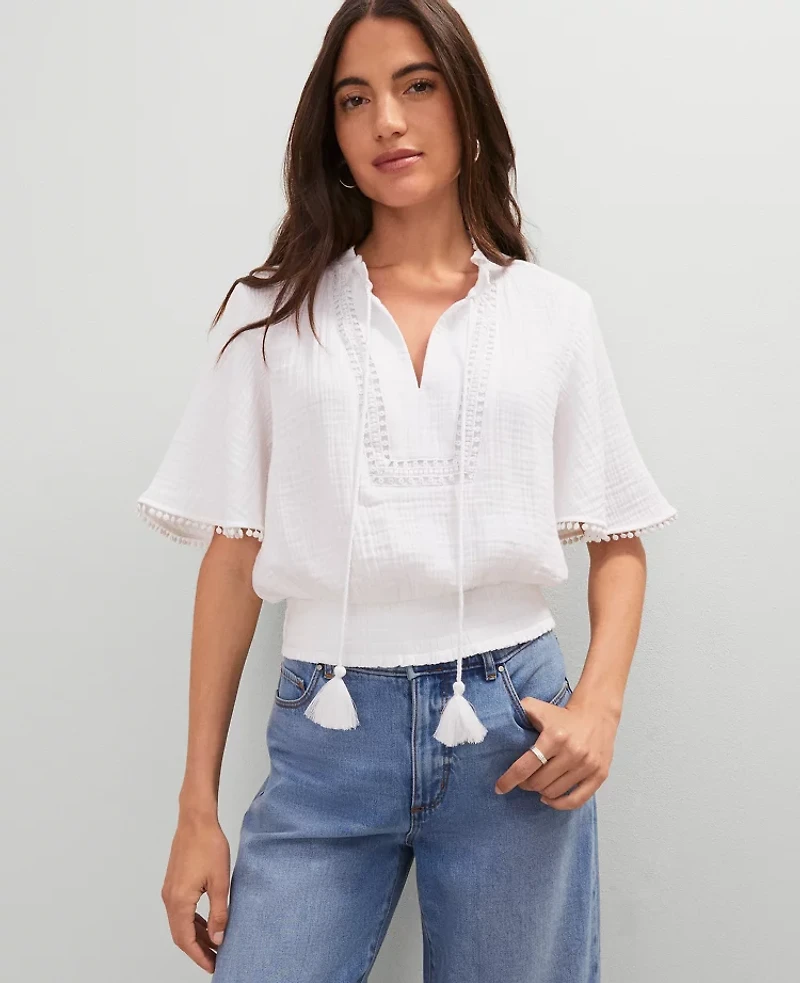 Ann Taylor Weekend Collection Linen Blend Tie Neck Blouse Size Medium White Women's