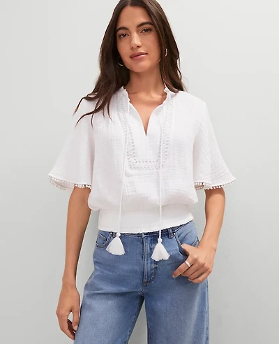 Ann Taylor Weekend Collection Linen Blend Tie Neck Blouse Size Medium White Women's