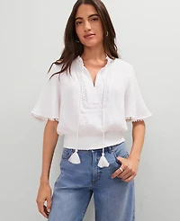 Ann Taylor Weekend Collection Linen Blend Tie Neck Blouse Size Medium White Women's