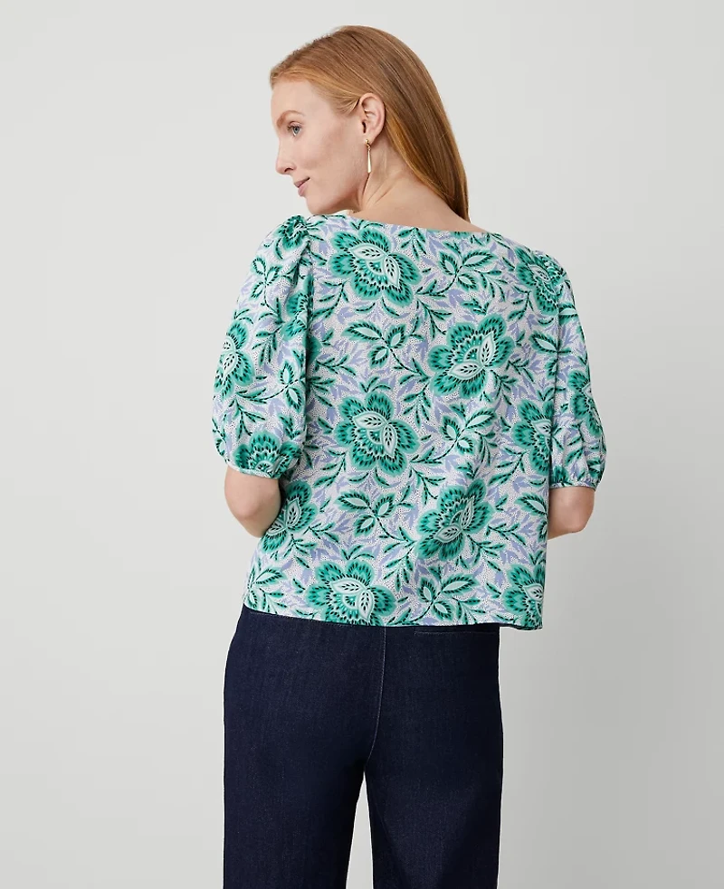 Ann Taylor Floral Boatneck Popover Top Mellow Mint Women's