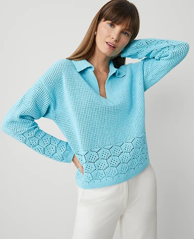 Ann Taylor Crochet Collared Sweater Size XL Sea Isle Women's