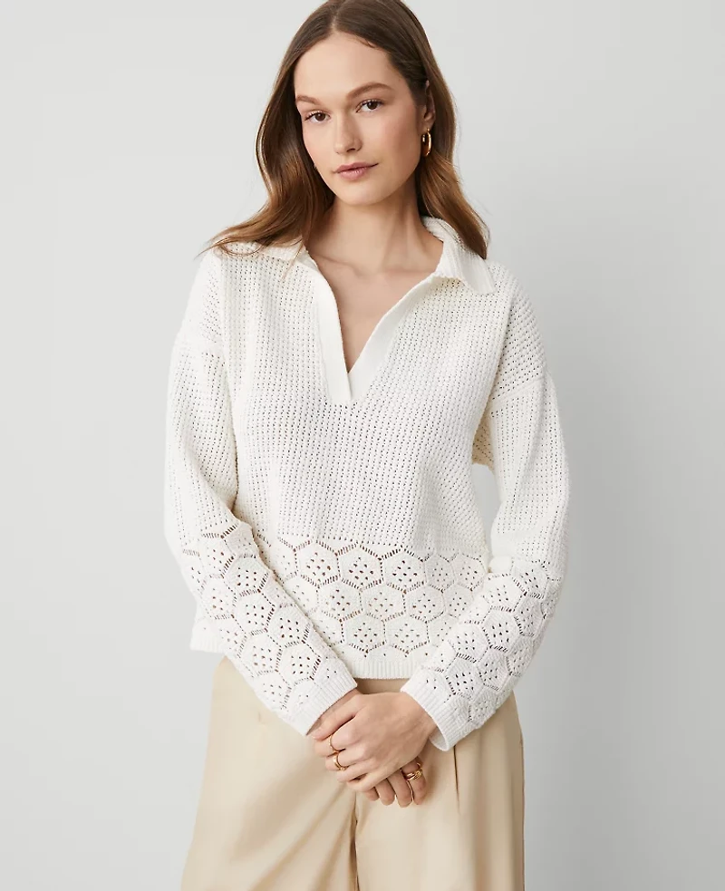Ann Taylor Crochet Collared Sweater White Women's