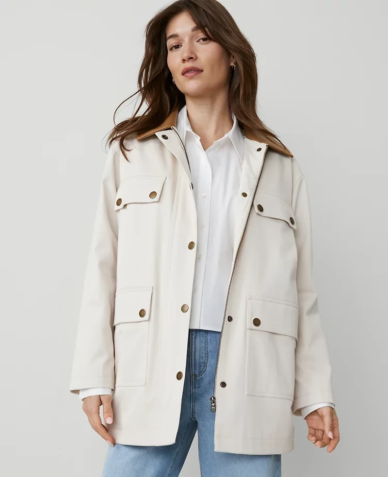 Ann Taylor Petite Weekend Collection Faux Leather Collared Jacket Tahini Women's