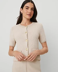 Ann Taylor Petite Geo Stitch Short-Sleeve Cardigan Tan/White Women's