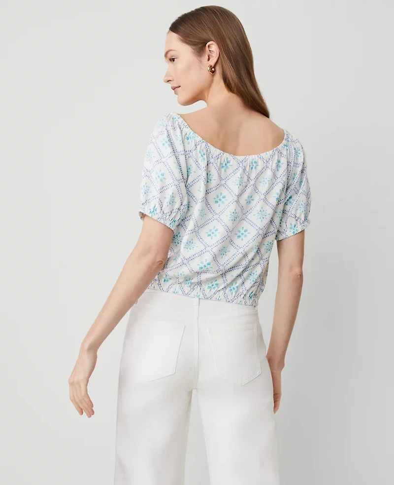 Ann Taylor Tiled Linen Blend Bubble Hem Blouse Sea Isle Women's