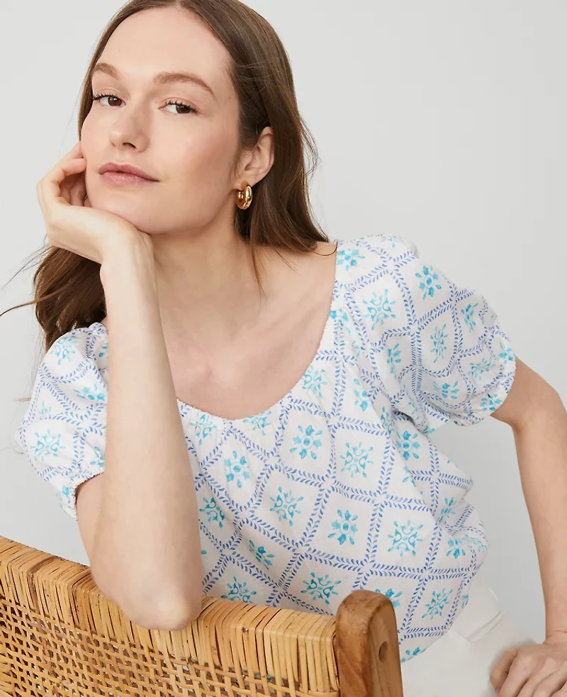 Ann Taylor Tiled Linen Blend Bubble Hem Blouse Sea Isle Women's