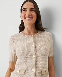 Ann Taylor Geo Stitch Short-Sleeve Cardigan Size XL Tan/White Women's